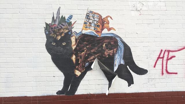 paste up of cat bearing flag, "no weapon formed against me shall prosper"