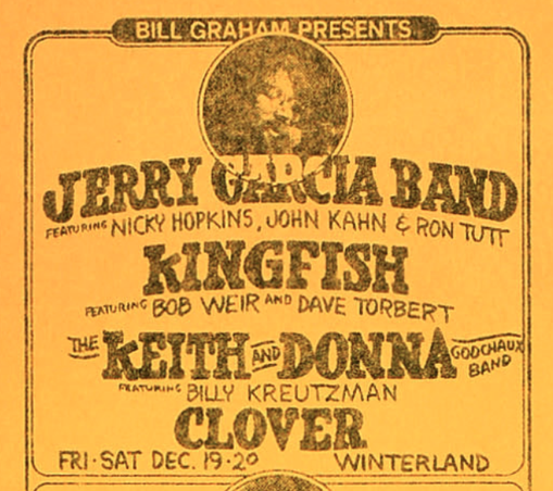 ad for Jerry Garcia Band, Kingfish, Keith and Donna, and Clover at Winterland