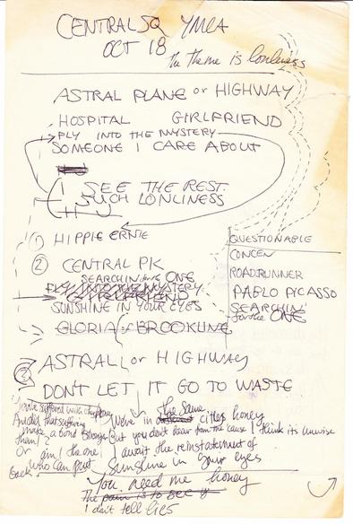 what might be a handwritten setlist for the first Modern Lovers show