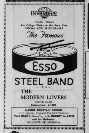newspaper ad for the Modern over soppening for the Famous Esso Steel Band