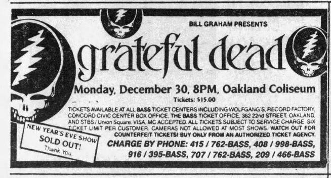 newspaper ad for Grateful Dead at Oakland Coliseum Arena