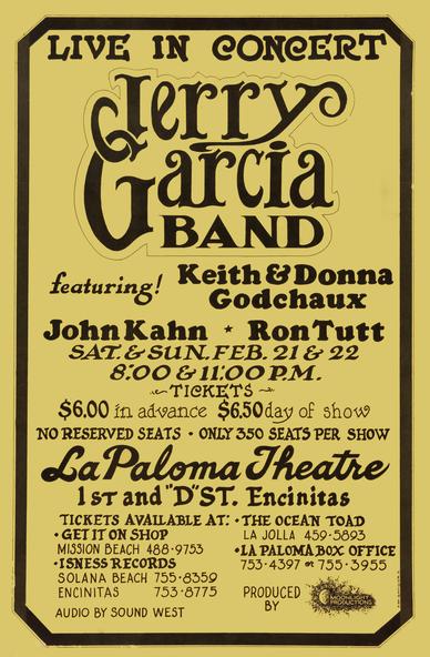 poster for Jerry Garcia Band live in concert featuring Keith & Donna Godchaux, John Kahn, Ron Tutt at La Paloma Theatre