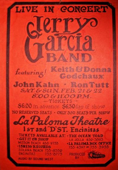 flyer on orange/red card stock advertising Jerry Garcia Band at La Paloma Theatre