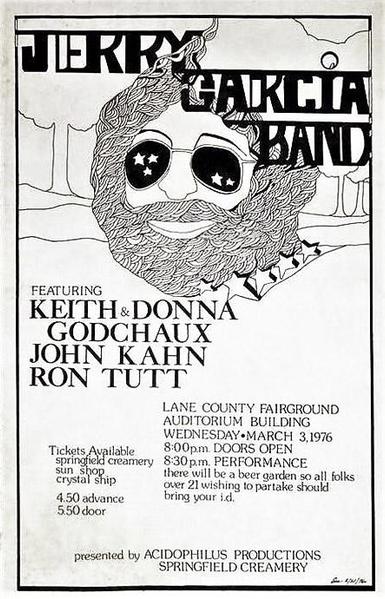 poster for Jerry Garcia Band in Eugene with drawing of Garcia