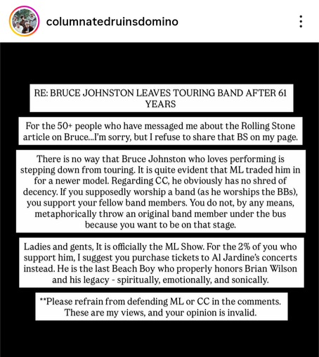 dramatic Instagram post about Bruce Johnston's abrupt departure from the Beach Boys
