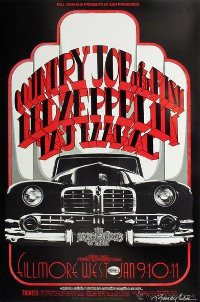 poster for Country Joe, Led Zeppelin  and Taj Mahal