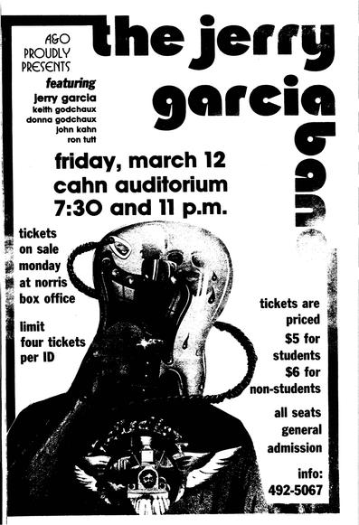 ad for Jerry Garcia Band at Cahn Auditorium, 7:30 and 11 p.m. with art from Reflections LP