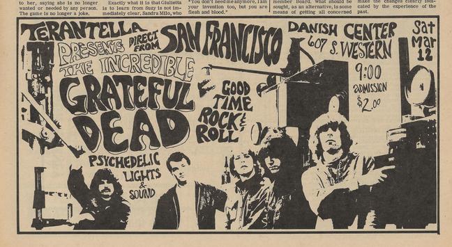 newspaper ad for the Grateful Dead with photo of band and hand drawn lettering
