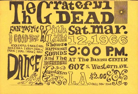 hand drawn poster for the Grateful Dead, Sat. Marc 12, 1966 9:00 PM at the Danish Center