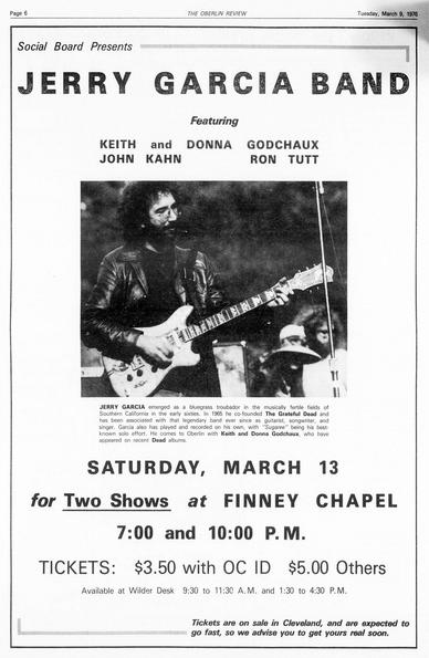 newspaper ad for Jerry Garcia Band, Saturday March 13 for TWO SHOWS at Finney Chapel, 7:00 and 10:00 P.M.
