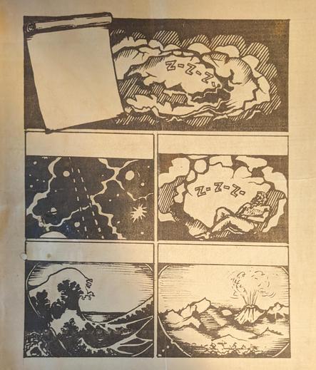 sequence of comic pages without captions, waves and volcanoes 