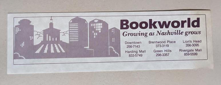 bookmark labeled Bookworld: Growing as Nashville Grows with early computer graphic