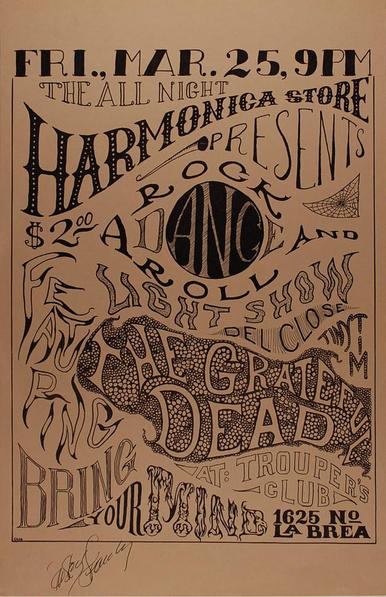 ad for the All-Night Harmonica Store Presents... the Grateful Dead, Del close, Light Show, Bring Your Minds... 