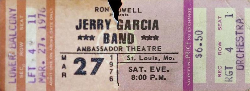 two connected ticket stubs for Jerry Garcia Band in St. Louis