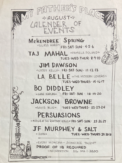 schedule of events for My Father's Place, August 1972, including Modern Lovers opening for La Belle