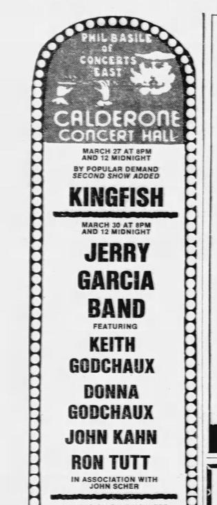 newspaper ad for Calderone Concert Hall featuring Kingfish and Jerry Garcia Band 