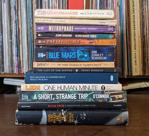 Neuromancer by William Gibson
The Crystal World by JG Ballard
Metrophage by Richard Kadfrey
Born Under Mars by John Brunner
The Invincible by Stanislaw Lem
Blue Mars by Kim Stanley Robinson
The Three Stigmata of Palmer Eldritch by Philip K Dick
The Last of the Hippies by Penny Rimbaud
Really the Blues by Mezz Mezzrow
One Human Minute by Stanislaw Lem
A Short, Strange Trip by John O'Connor
William Gibson by Gary Westfahl
Stars In My Pocket Like Grains of Sand by Samuel Delany