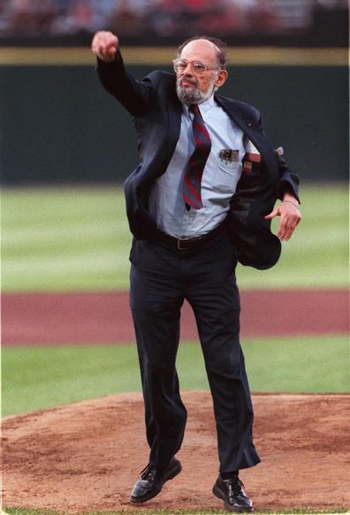 Allen Ginsberg throws from the mound