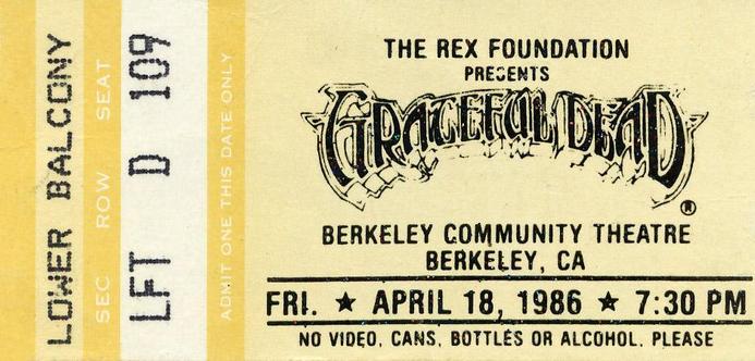 lemon yellow ticket for Grateful Dead at Berkeley Community Theatre
