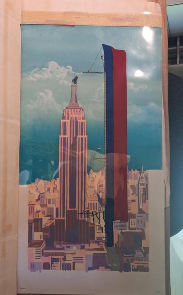 supertanker standing on end next to Empire State Building with King Kong