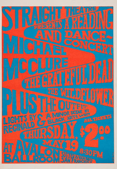 op art poster in red & blue for Straight Theater presentation at Avalon Ballroom with Michael McClure and the Grateful Dead and others