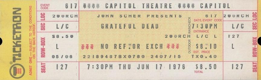 Grateful Dead ticket for Capitol Theater in Passaic
