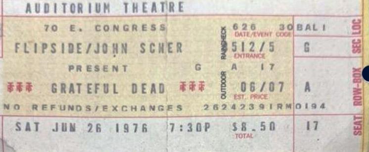 Grateful Dead ticket for June 26, 1976