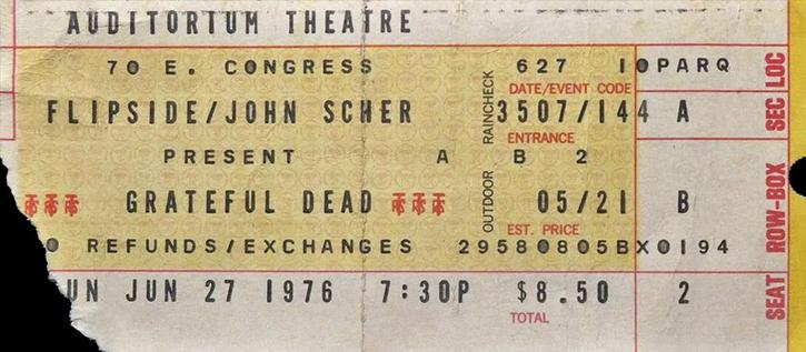 Grateful Dead ticket, June 27, 1976