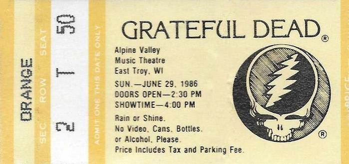 Grateful Dead ticket on yellow ticket stock