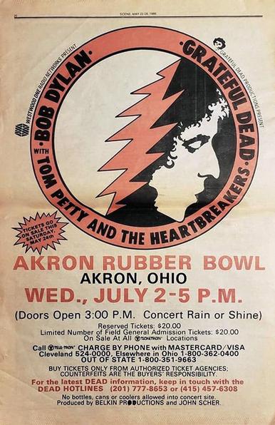 ad for Grateful Dead and Bob Dylan and Akron Rubber Bowl