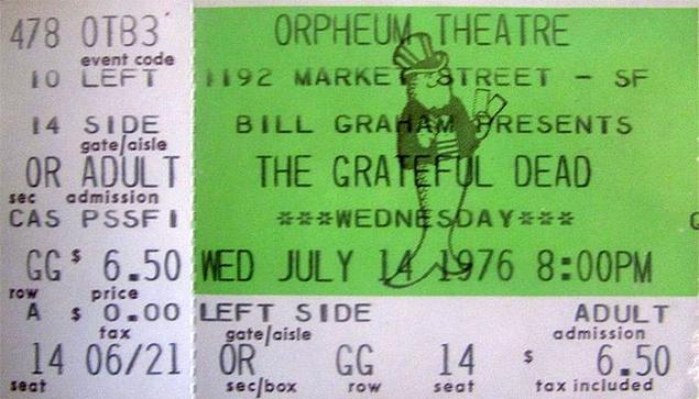 Grateful dead ticket for July 14, 1976
