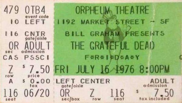 Grateful Dead ticket for July 16, 1976