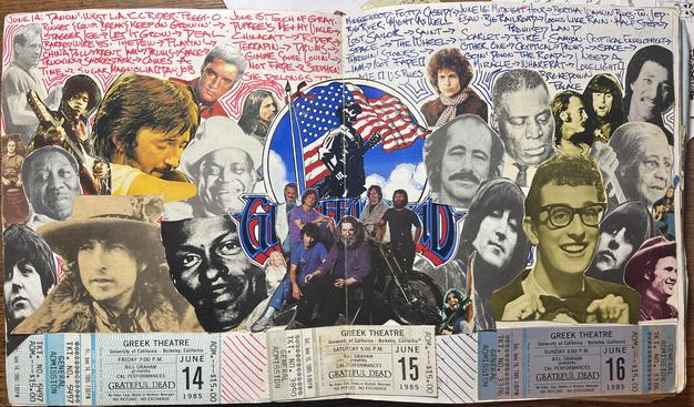 collage of faces in Sgt. Pepper style with tickets and handwritten setlists