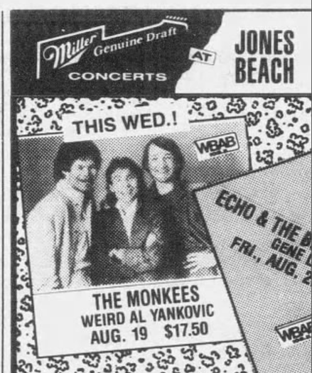 newspaper ad for The Monkees & Weird Al at Jones Beach