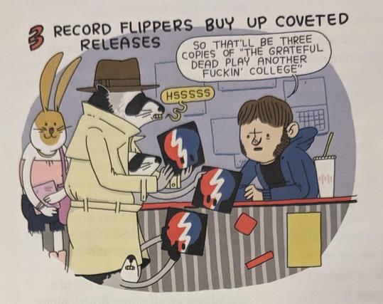 Record Flippers Buy Up Coveted Releases, raccoon in trench coat purchasing 3 copies of The Grateful Dead Play Another Fuckin College