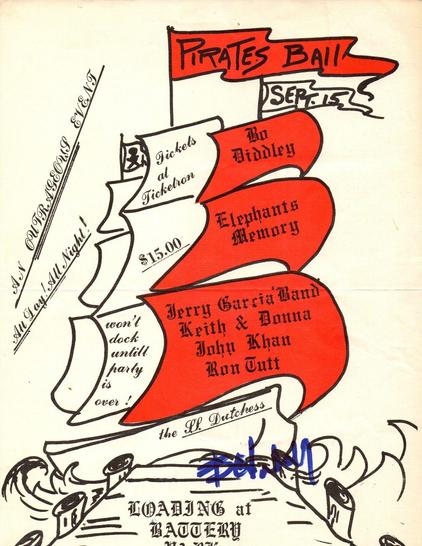 poster for Pirates Ball, artist names written on sails of pirate ship