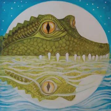 an alligator & moon reflected in the water