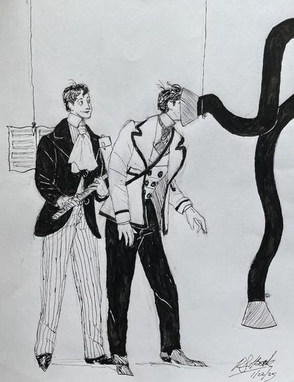 a dandily dressed man sings with a tube attached to his face