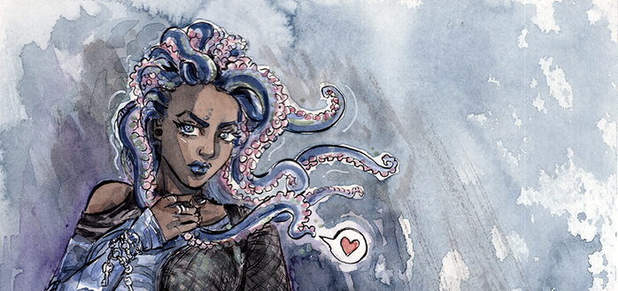 tease snapshot of a watercolour painting showing a woman with tentacle hair. She's got some domme vibes going and is dressed in blacks and blues