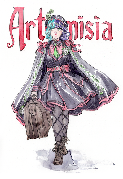 a watercolour painting of a woman in military lolita fashion, walking towards us with a suitcase in one hand. She's half covering the word Artemisia in the background