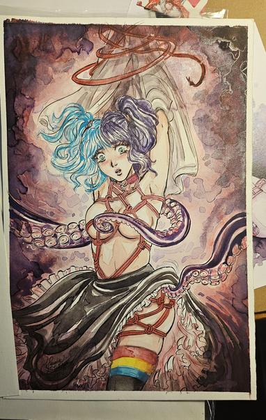 Painting of a woman being undressed by tentacles. Underneath her clothes are elaborate shibari rope