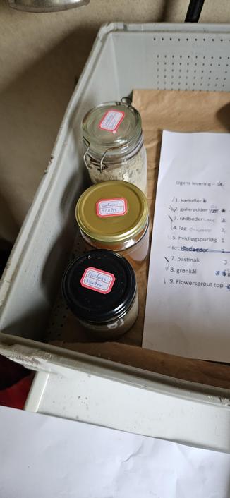 3 different types of jars, with red and white labels on top, in a basket with a paper listing various vegetables and numbers