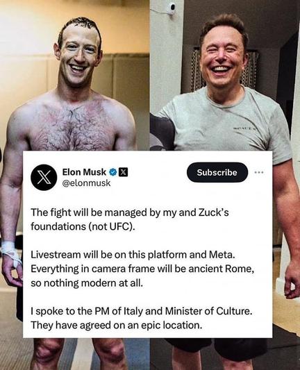 The image is a collage featuring two photos of Elon Musk alongside a text message. The top left photo shows a shirtless Elon Musk smiling, while the top right photo shows him wearing a gray t-shirt, also smiling. The text message, attributed to Elon Musk's Twitter account, discusses the management of an upcoming fight, specifying that it will be handled by his and Zuck's (Mark Zuckerberg's) foundations, not the UFC. The livestream will be available on a specific platform and Meta, with the setting being ancient Rome, devoid of modern elements. Elon Musk mentions speaking to the Prime Minister of Italy and the Minister of Culture, who have agreed on an epic location for the event.