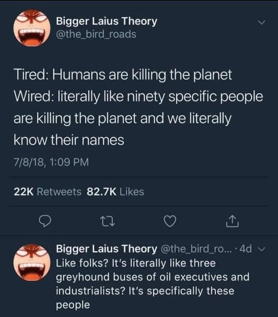 screenshot of a post, possibly a tweet, by someone call @the_bird_roads - Tired: Humans are killing the planet, Wired: Literally lie ninety specific people are killing the planet and we literally know their names - Like folks? It's literally like three greyhoun buses of oil executives and industrialsists? It's specifically these people