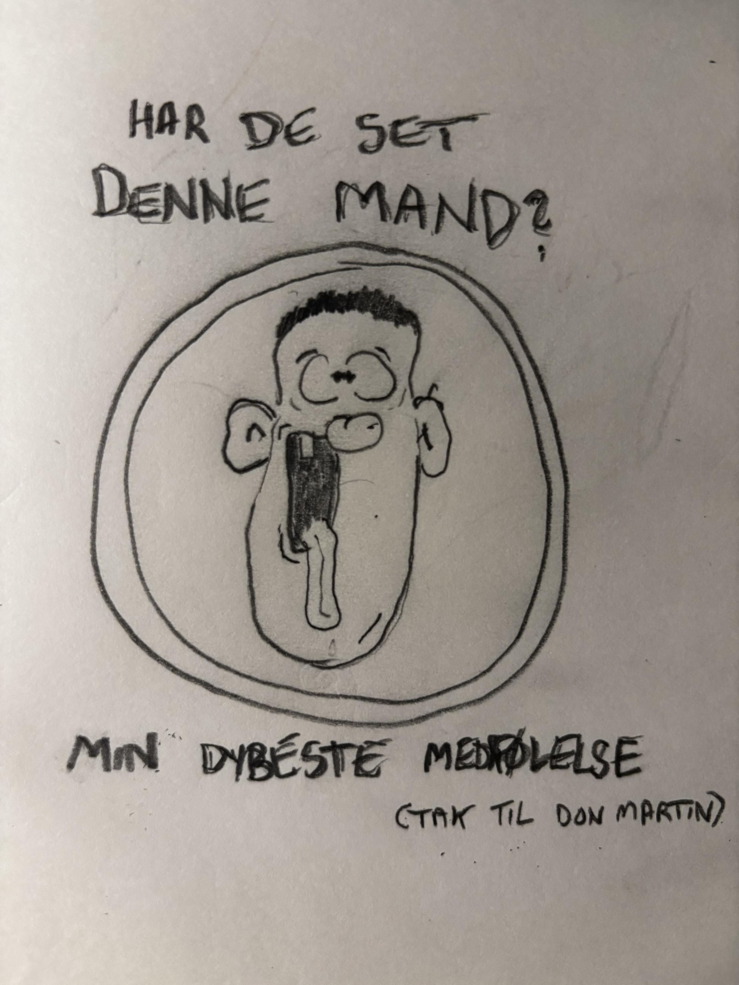 Tegning af et ansigt i så meget Don Martin-stil som jeg kan præstere, med teksten “har de set denne mand? Min dybeste medfølelse”.