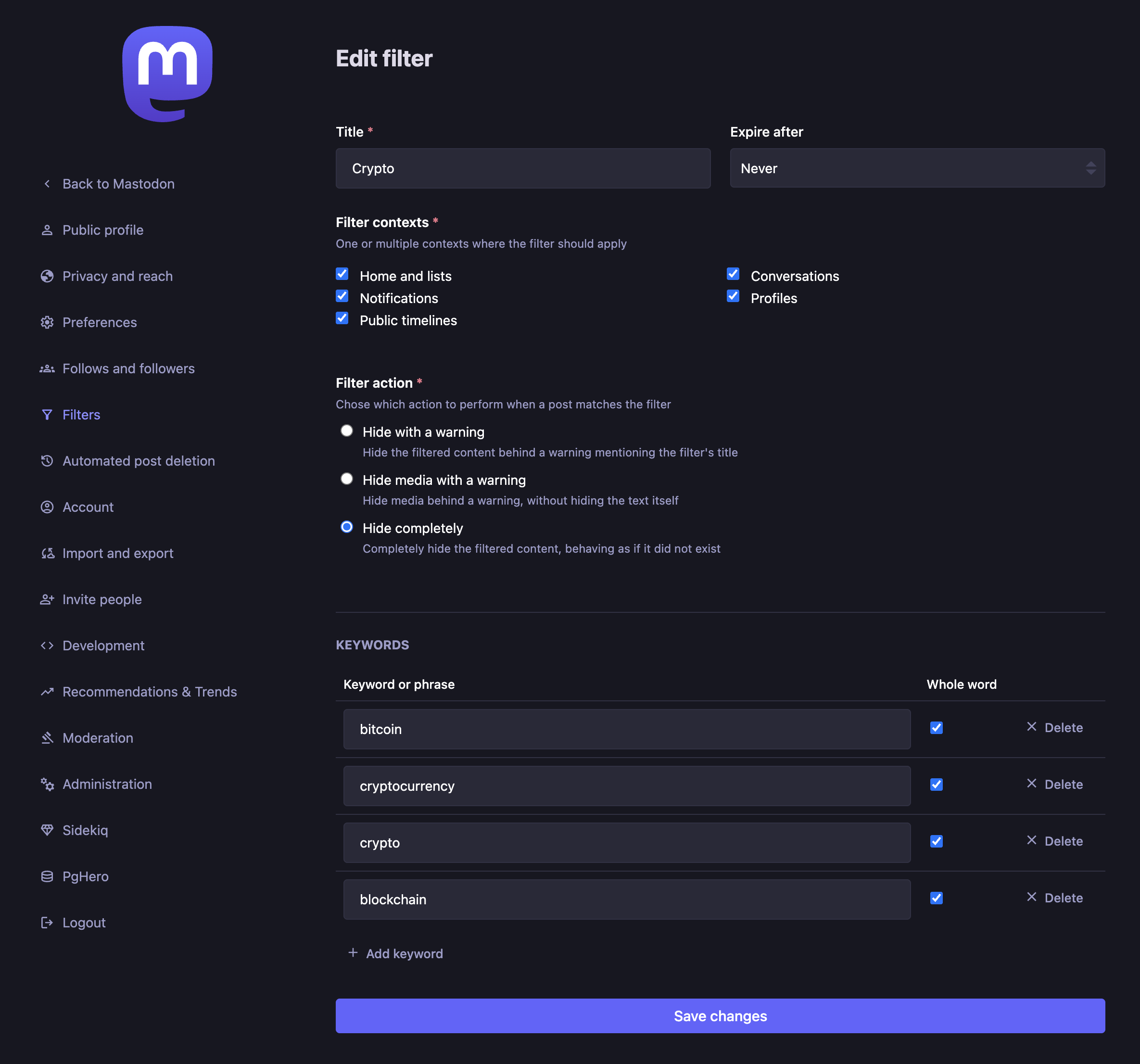 Mastodon filter that hides posts that include the words bitcoin, cryptocurrency, crypto, and blockchain
