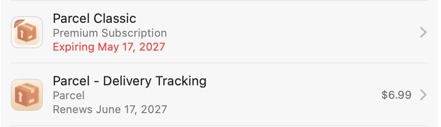 Screenshot from the Apple App Store showing Parcel Classic subscription canceled, and a new Parcel Delivery Tracking subscription started.
