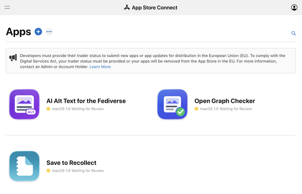 Screenshot of App Store Connect showing three macOS apps awaiting review.