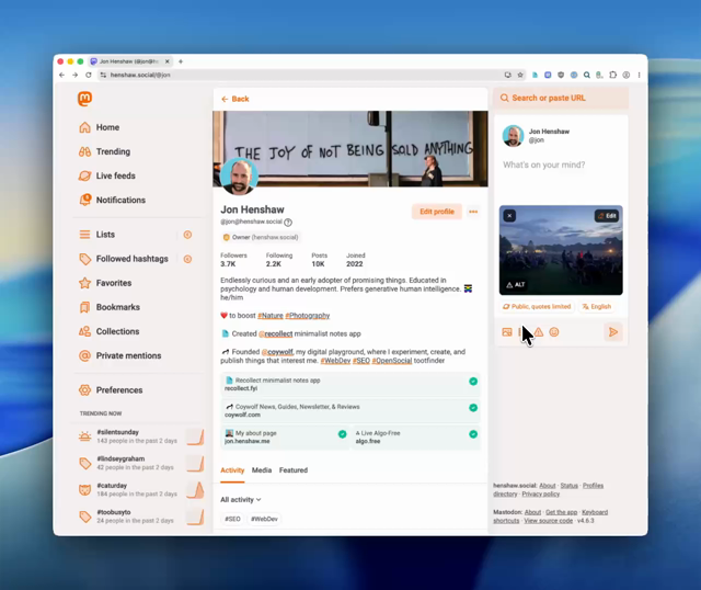A screencast showing how alt text can be generated using the AI Alt Text for the Fediverse browser extension/add-on. The video shows it can generate concise or details descriptions.