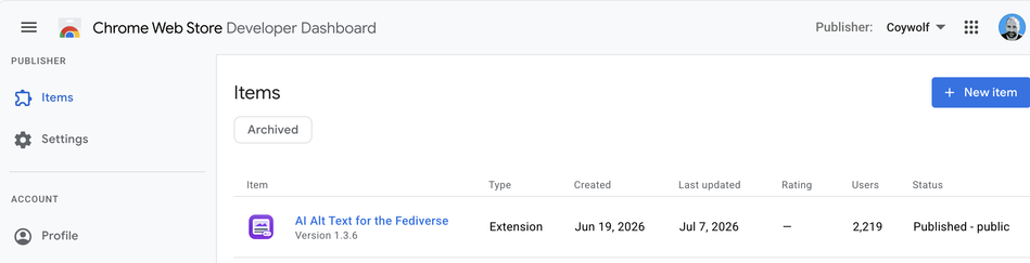 Screenshot of the Chrome Web Store Developer Dashboard. A single published extension titled "AI Alt Text for the Fediverse" version 1.3.6 is listed with 2,219 users.